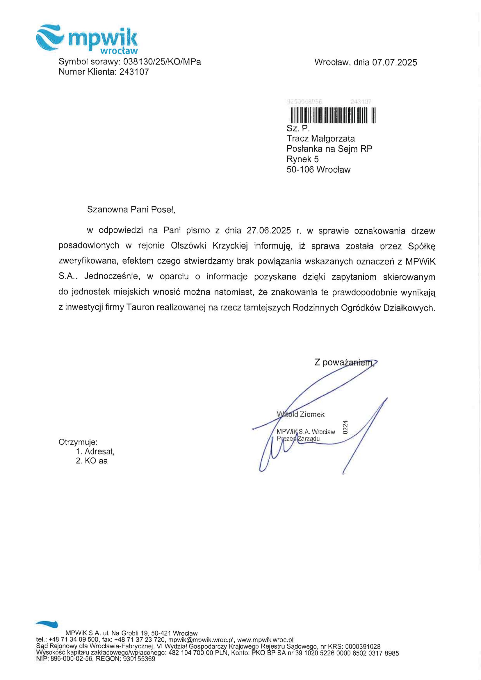Interwencja poselska w sprawie oznaczonych drzew w korycie Olszówki Krzyckiej